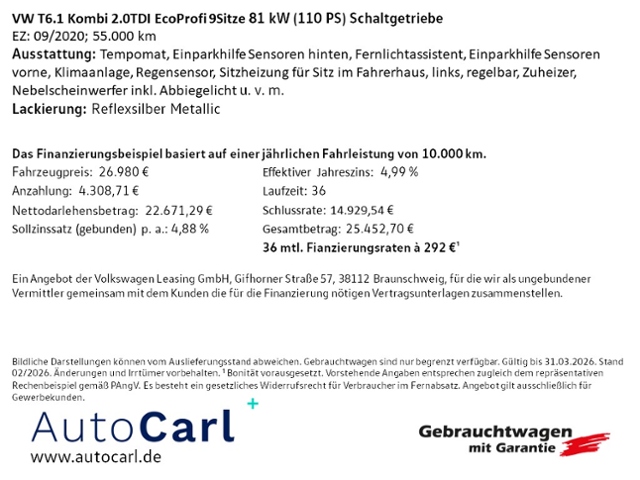 T6.1 Kombi 2.0TDI EcoProfi 9Sitze/GRA/PDC/DAB KL